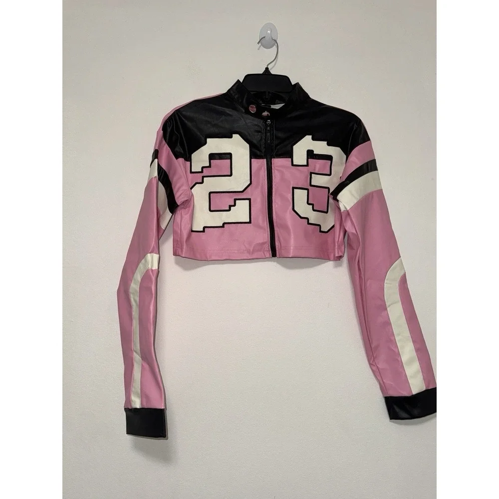 Leather Cropped Motorcycle Y2K Letter Bomber Jacket Size XS
